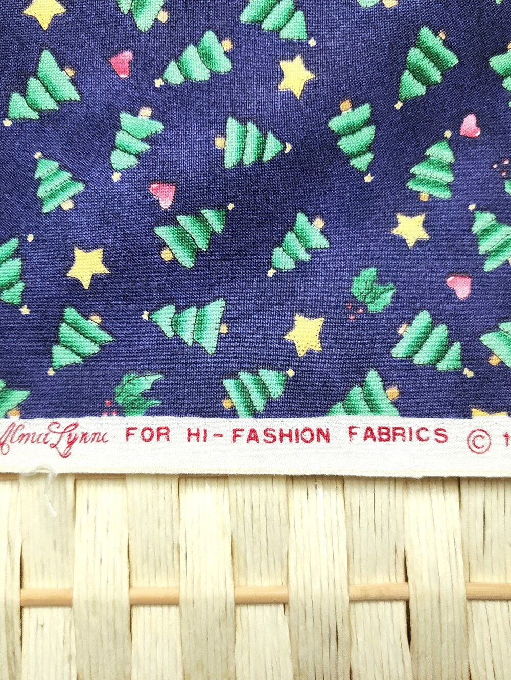 1997 Alma Lynne Christmas Tree Blue Cotton Fabric Stars Hearts Holly Vintage
